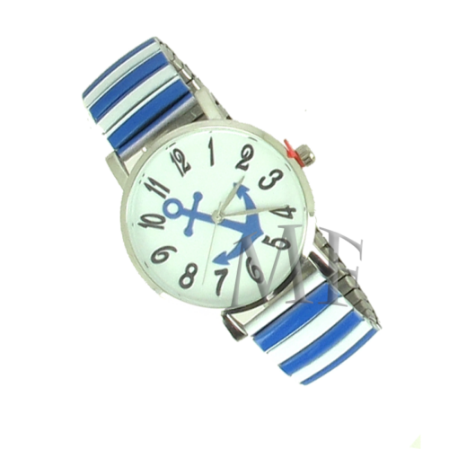 montre femme bracelet elastique motif ancre de marine bleu