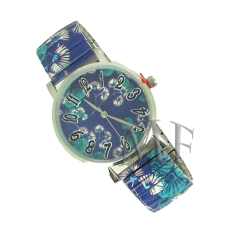 montre bracelet extensible élastique Hawai , couleur bleu et motifs fleurs des iles