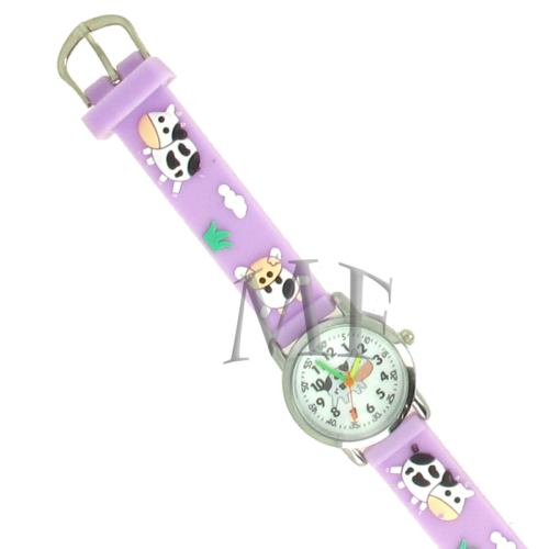 bracelet montre enfant avec cadran motif petite vachette couleur mauve lilas